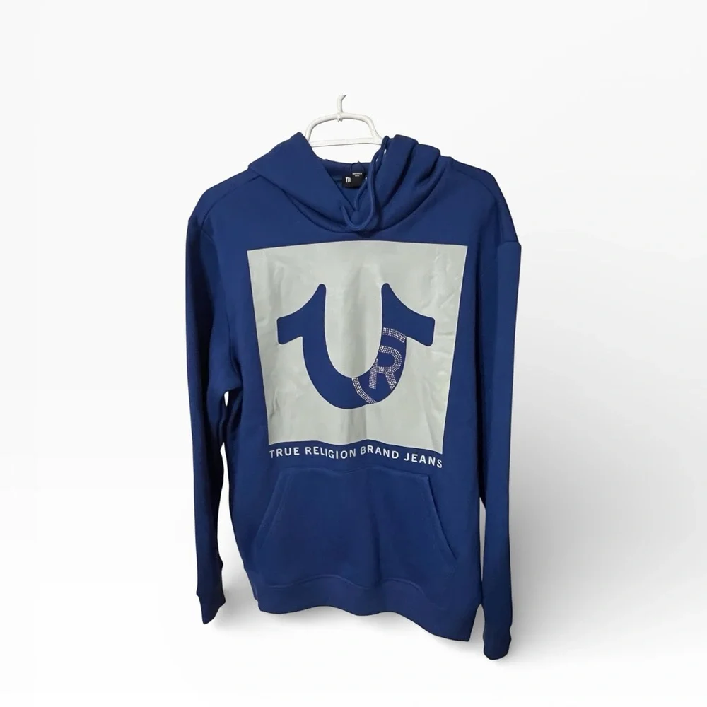 NWT True Religion Pullover Hoodie Men’s Size Large‎ Blue Registered Rhinestones